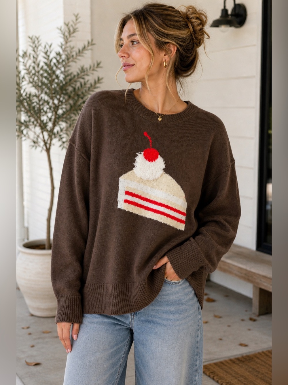 Aerie Brown Cake Cherry Graphic Oversized Sweater Large